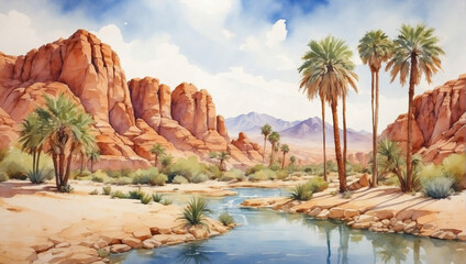 Fototapeta na wymiar Painting of a desert oasis oasis in watercolor.