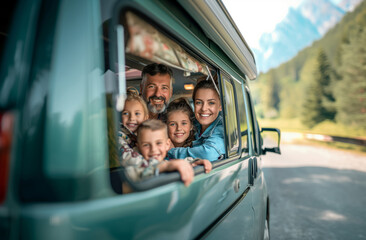 Multi-generation family looking at camera outdoors at dusk, caravan holiday trip - obrazy, fototapety, plakaty