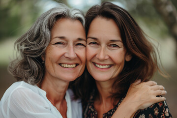 Portrait of adult daughter with mature mother hugging on nature background