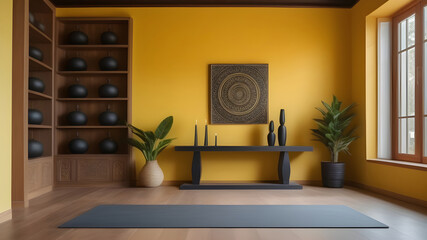 The interior of a cozy yoga room in yellow tones.