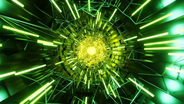 Aniamtion of a vibrant green and yellow tunnel with streaks of light.