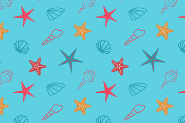Seamless pattern for kids with cartoon undersea world. Summer hand drawn background for package, wrapping paper, banner, print, card, gift, fabric, card, textile, wallpaper, web