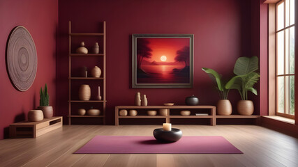 The interior of a cozy yoga room in red burgundy tones.
