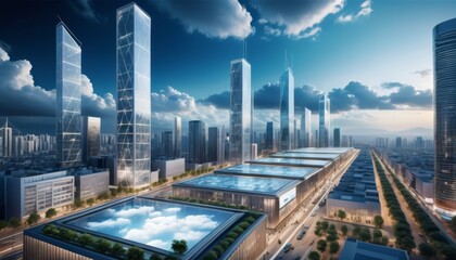Fototapeta premium A dynamic view of a contemporary urban skyline with innovative skyscrapers and a futuristic transportation system.. AI Generation. AI Generation