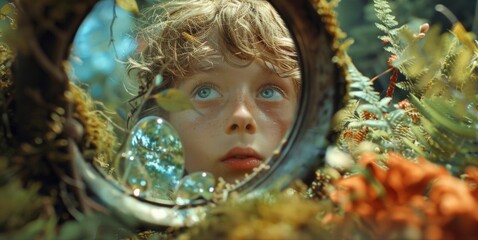 A boy peers through a small circular mirror his eyes widening in astonishment as he takes in the fantastical creatures and landscapes that seem to exist within its reflective surface. .
