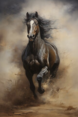 A galloping horse emerges from the dust and smoke, its silhouette exuding power and grace. Generative AI. H002