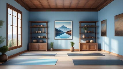 The interior of a cozy yoga room in blue tones.