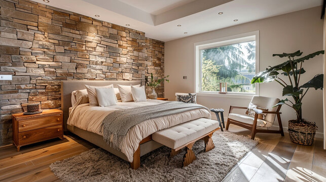 Create a modern bedroom with fake painted artificial stone accents, exuding a contemporary vibe.