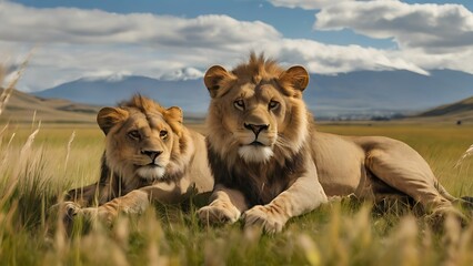 Couple of lions laying on the grass field