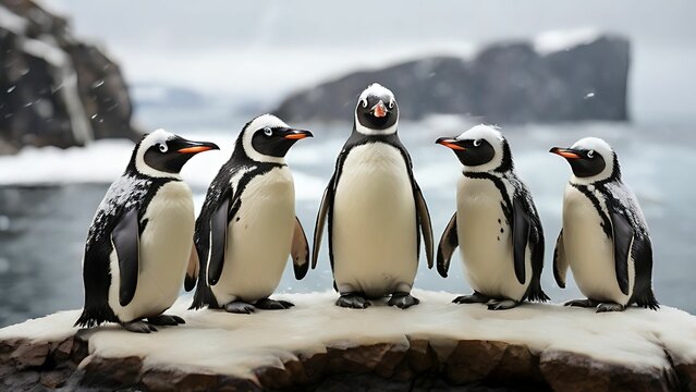 Group of penguins on the snow