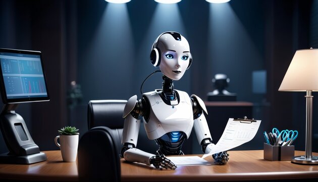A humanoid robot with a headset sits at a desk, examining a clipboard, evoking themes of artificial intelligence in workplace efficiency.. AI Generation. AI Generation