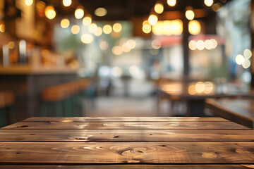 Fototapeta na wymiar An empty butcherblock table with blurred coffee shop background.
