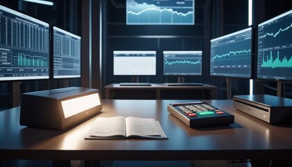 A contemporary financial workspace featuring state-of-the-art devices, open books on financial theory, and multiple monitors displaying market trends and data analytics.. AI Generation. AI Generation