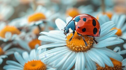 Ladybug on daisies background.