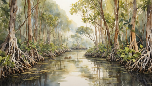 Painting of a mangrove forest ecosystem painted in watercolor.