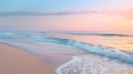 The image captures a peaceful pastel-colored sunset with gentle waves rolling onto the shore, instilling calmness