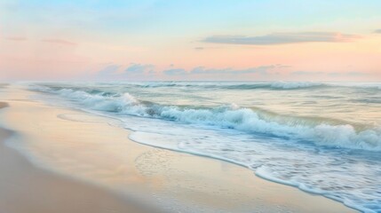 Gentle waves wash over a sandy beach under a soft sunset sky, conveying a sense of calm and tranquility