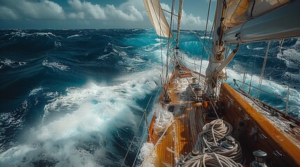 View from a boat's onboard when navigating rough waters. Generative Ai - obrazy, fototapety, plakaty