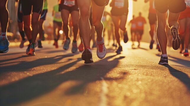 A diverse group of athletes in sportswear is energetically running in a city marathon, showcasing determination and endurance amidst a cheering crowd. - Powered by Adobe