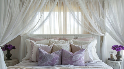 Crafting a tranquil, lavender and ivory-themed bedroom with canopy beds and sheer curtains. - obrazy, fototapety, plakaty