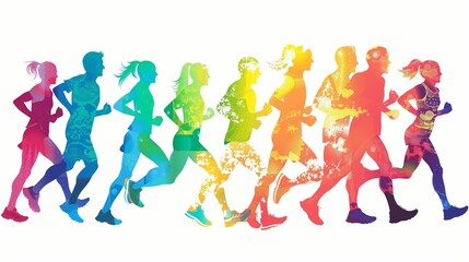 A diverse group of athletes in sportswear is energetically running in a city marathon, showcasing determination and endurance amidst a cheering crowd.