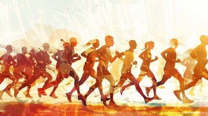 A diverse group of athletes in sportswear is energetically running in a city marathon, showcasing determination and endurance amidst a cheering crowd.