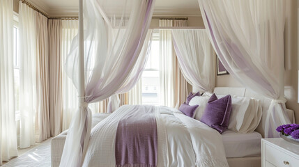 Crafting a tranquil, lavender and ivory-themed bedroom with canopy beds and sheer curtains. - obrazy, fototapety, plakaty