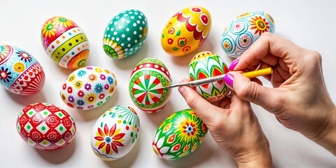 On a white background, hands paint Easter eggs, draw different beautiful patterns on them