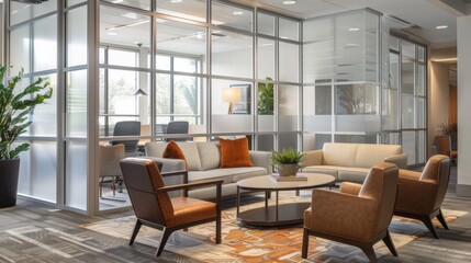 One corner of the office is transformed into a cozy lounge area separated from the rest of the workspace by frosted glass partitions. The subtle texture of the frosted glass adds visual .