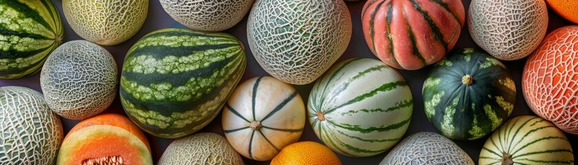 Assorted Melons on a Market Display - obrazy, fototapety, plakaty