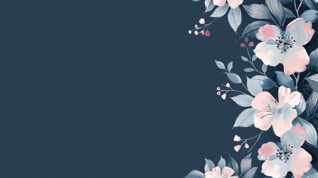 Macro photography of pink and white flowers and leaves on dark blue background