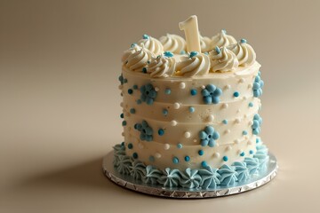 First Birthday Cake with Blue and White Decorations