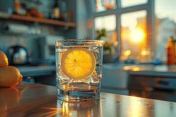 Refreshing glass with lemon water in sunlit kitchen