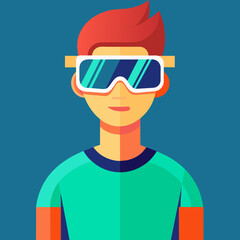 Obraz premium Young man wearing virtual reality goggles on a blue background vector flat design illustration. Square layout.