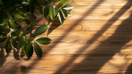 Minimal wood surface, surround with nature, sunlight plant shadow.