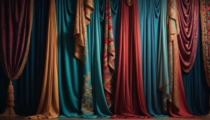 Elegant drapery in rich, jewel-toned fabrics with intricate patterns, perfect for depicting luxury interior design and textile richness.. AI Generation - obrazy, fototapety, plakaty
