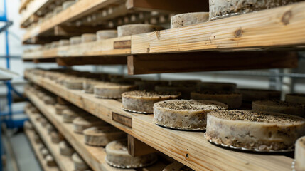 In food illustration, there is cheese in large heads on wooden shelves, a place to store old cheeses, a delicacy,