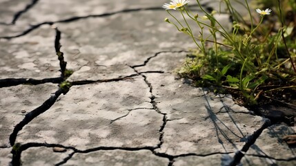 A cracked and weathered pavement with weeds pushing through the gaps