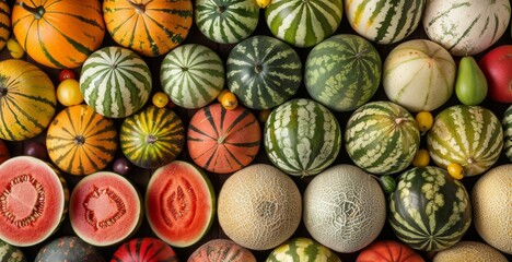 Assorted Melons on a Market Display - obrazy, fototapety, plakaty