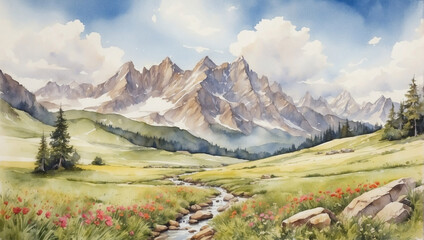 Painting of an alpine meadow landscape rendered in watercolor.