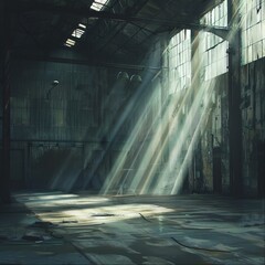 Sunlight streaming into an abandoned industrial warehouse. Urban exploration and mystery
