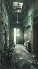 Abandoned medical office with decaying interior. Post-apocalyptic and horror concept