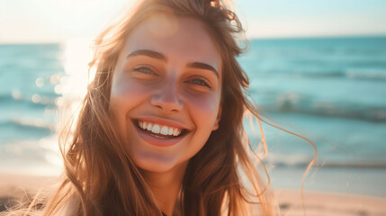 Happy, beautiful young woman smiling at the beach side, portraying a delightful girl enjoying a sunny day out