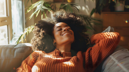 Happy afro American woman relaxed on home sofa with cozy atmosphere