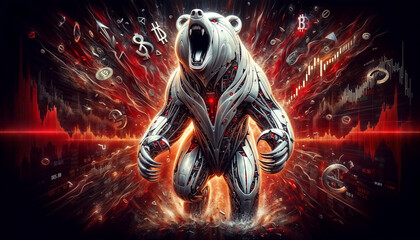 Illustration of roaring robot bear on abstract red charts, stock market. crypto currency