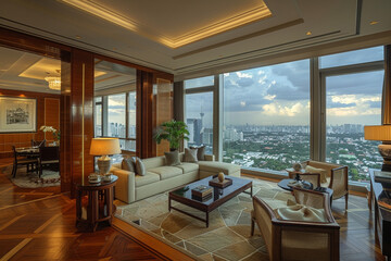 Fototapeta premium A Manila executive's suite, blending Filipino heritage with modern luxury, featuring narra wood, capiz shell windows, and a panoramic view of the city.