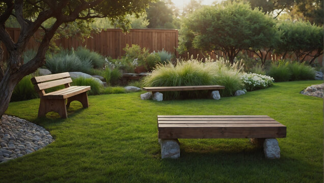 Peaceful garden setting adorned with soft grass, natural rocks, and a welcoming wooden bench.
