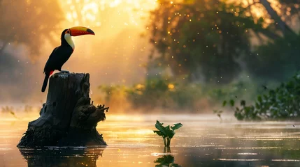 Poster Deep within the heart of the Brazilian Pantanal, a toucan perches atop a weathered tree stump protruding from the tranquil waters of a marshland. © Ayesha