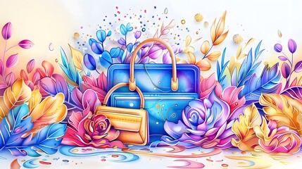 Fantastical illustration of designer bags amidst a burst of colorful floral elements and lively watercolor droplets