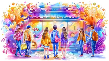 Vibrant street scene with a group of people in front of a shop window, engulfed in a fantastical explosion of colorful art